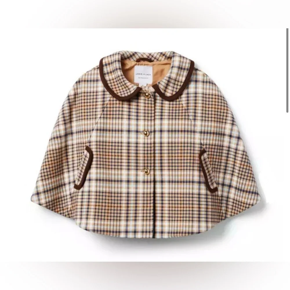 Janie and Jack Girls Size 2T Tan Plaid Cape Brown Velvet Trim Gold Buttons